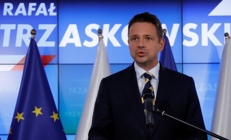 Mayor of Warsaw Trzaskowski attends a news conference in Warsaw