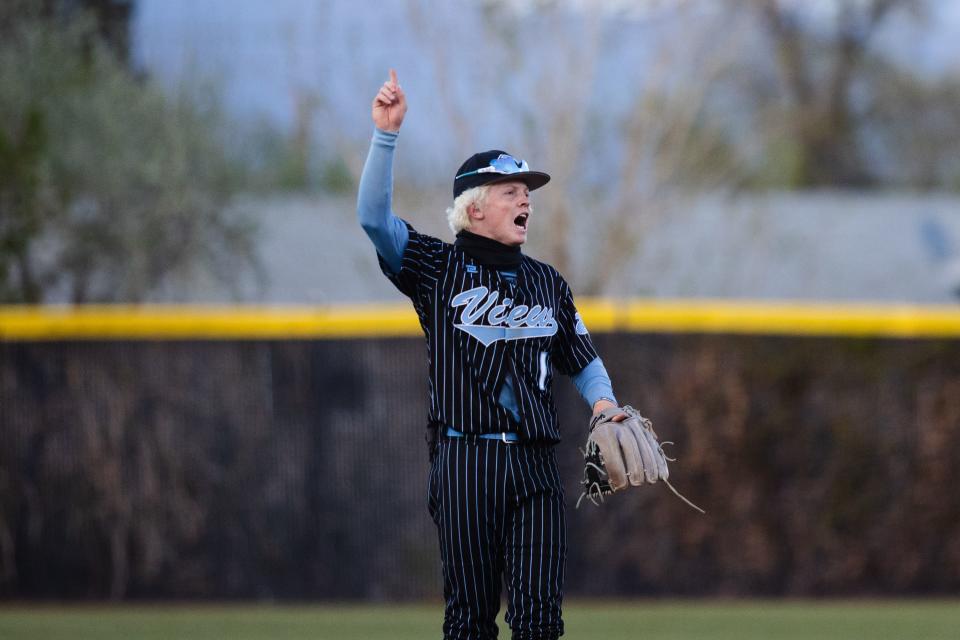 Canyon View’s Asher Slack (1) reacts during the 3A boys baseball quarterfinals at Kearns High School in Kearns on May 11, 2023. | Ryan Sun, Deseret News