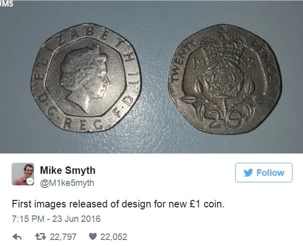  “Primeras imágenes del nuevo diseño de la moneda de 1 libra (esterlina)”.