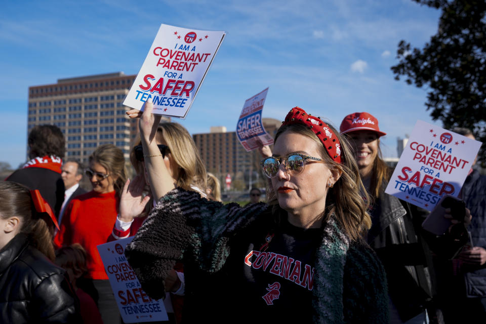 Covenant School mother Melissa Alexander attends the Linking Arms for Change human chain Wednesday, March 27, 2024, in Nashville, Tenn. The event was to commemorate the one-year anniversary of the mass shooting at the school. (AP Photo/George Walker IV)