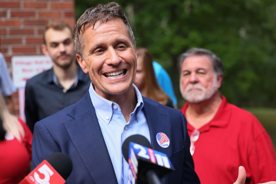 Former Missouri Gov. and Republican U.S. Senate candidate Eric Greitens speaks with reporters after voting in the primary election on Aug. 2, 2022 in Innsbrook, Missouri.