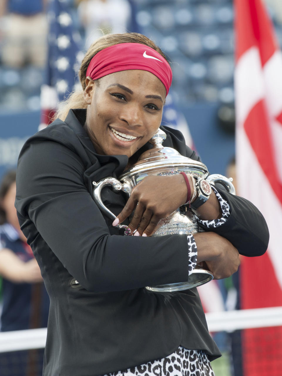 Serena Williams posing with the trophy after defeating Caroline Wozniacki of Denmark in the women's singles final at the US Open, Billie Jean King National Tennis Center, Flushing Meadow, NY. (Photo by Cynthia Lum/Icon Sportswire/Corbis via Getty Images)