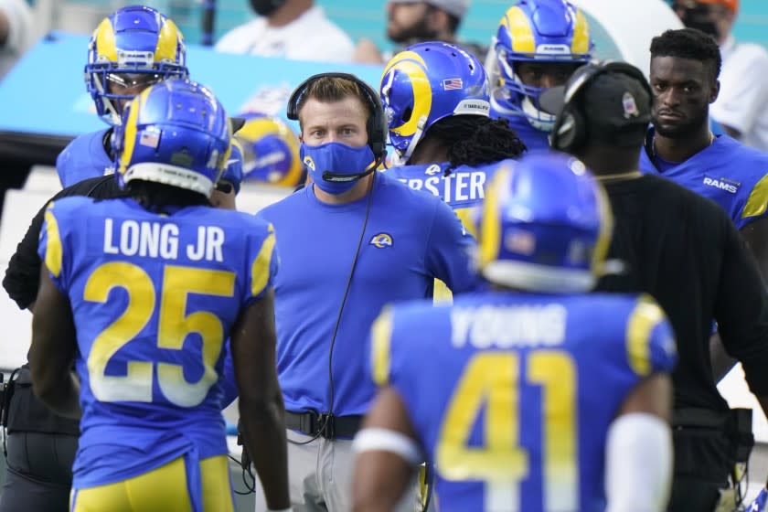 Los Angeles Rams head coach Sean McVay watches his team during the second half of an NFL football game.