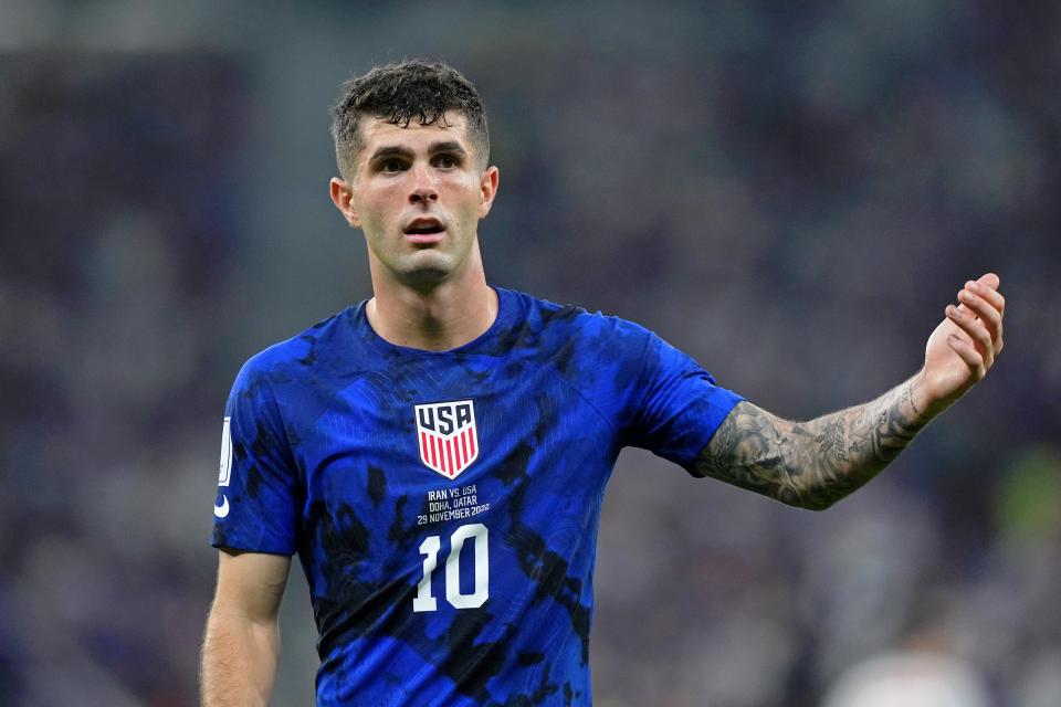 United States of America forward Christian Pulisic reacts after a play against Iran during the first half of a group stage match during the World Cup at Al Thumama Stadium.