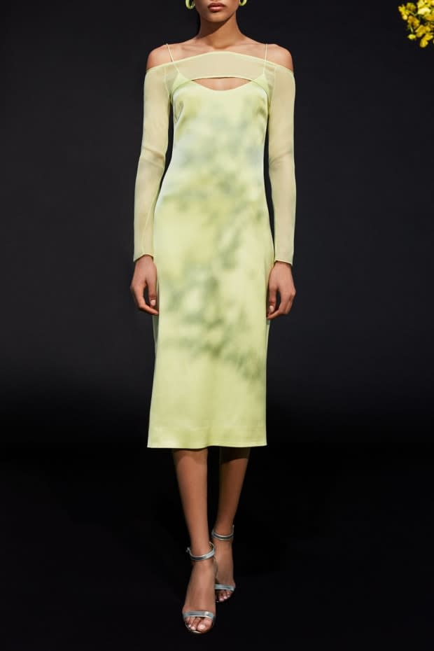 <p>Cushnie Celery Silk Chiffon Overlay Pencil Dress, $319, <a href="https://www.cushnie.com/collections/dresses/products/celery-satin-crepe-chiffon-pencil-dress" rel="nofollow noopener" target="_blank" data-ylk="slk:available here;elm:context_link;itc:0;sec:content-canvas" class="link ">available here</a>.</p>