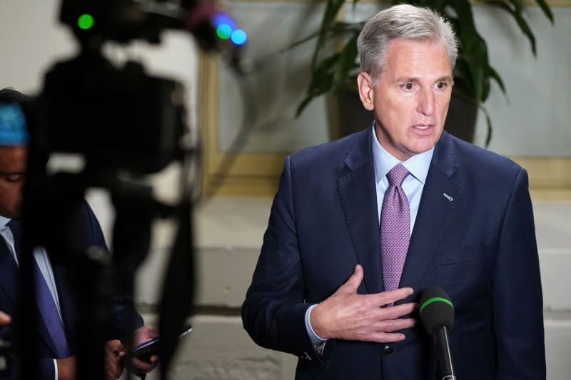 Rep. Kevin McCarthy, R-Calif., announces at the U.S. Capitol on Tuesday evening that he will not run again for House Speaker, saying "it has been an honor to serve," after eight Republicans joined a unanimous Democratic caucus in a vote to unseat him. Photo by Bonnie Cash/UPI