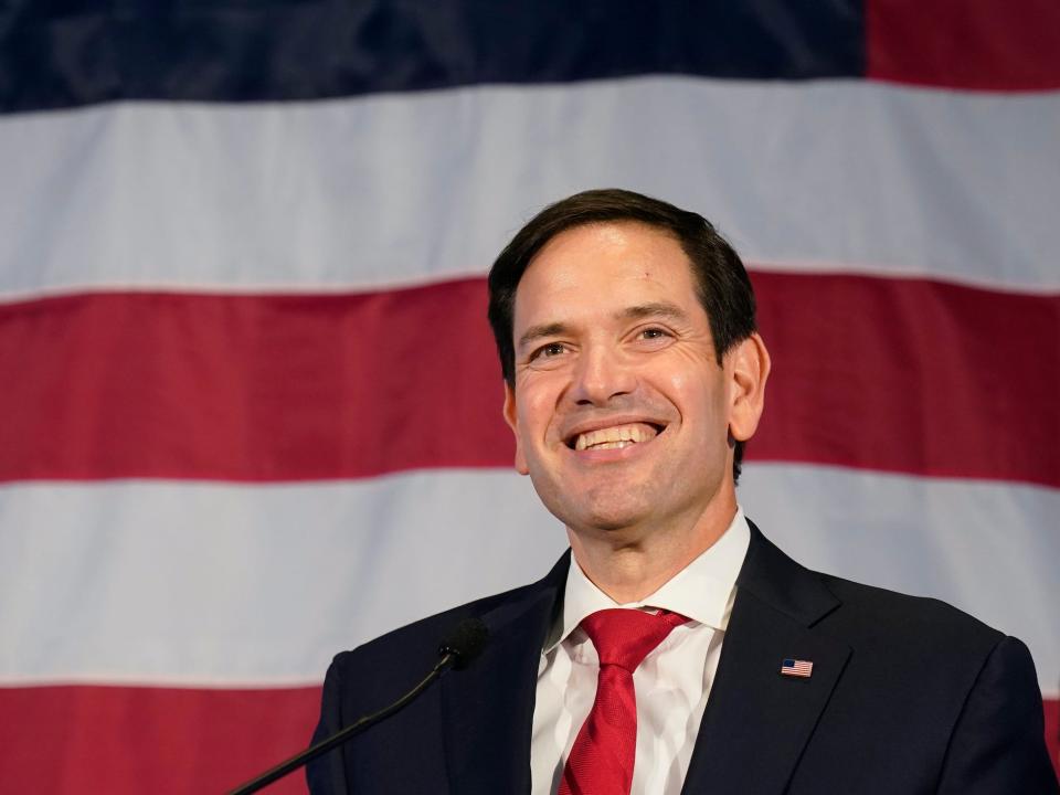 Sen. Marco Rubio, a Republican of Florida, smiles as he addresses supporters during an Election night party, Tuesday, November 8, 2012, in Miami.