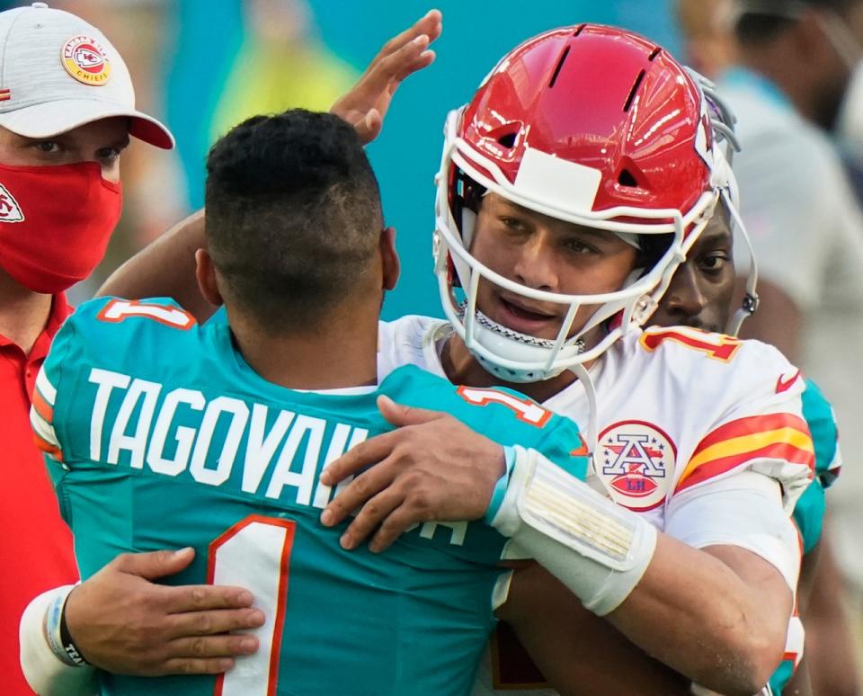 Tua Tagovailoa and Patrick Mahomes dazzled fans on Sunday in a back-and-forth affair that could be the shape of an AFC rivalry to come. (AP Photo/Wilfredo Lee)