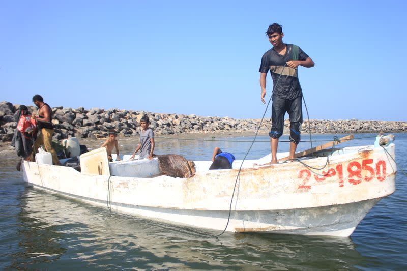 Unos pescadores atracan su bote en el puerto de Al Hudayda