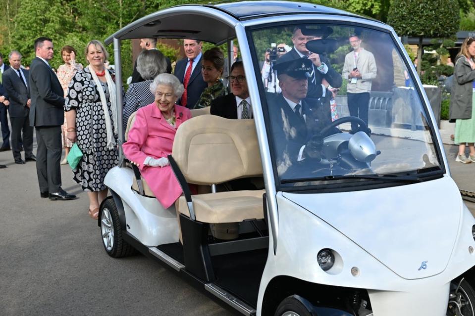 The Queen sits inside a buggy during a visit to Chelsea Flower Show on Monday   (PA)