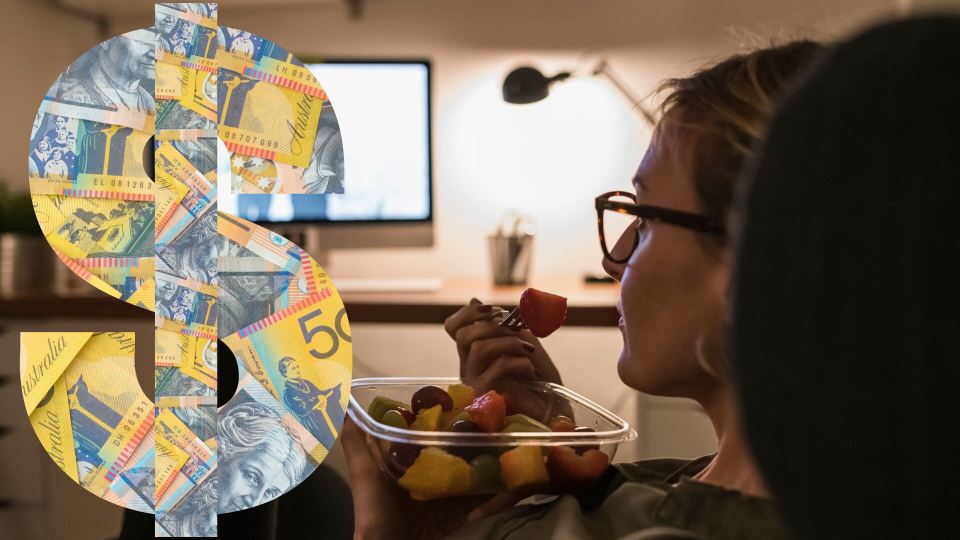 Pictured: Woman watches Netflix while eating Uber Eats, and Australian cash in shape of dollar sign. Images: Getty