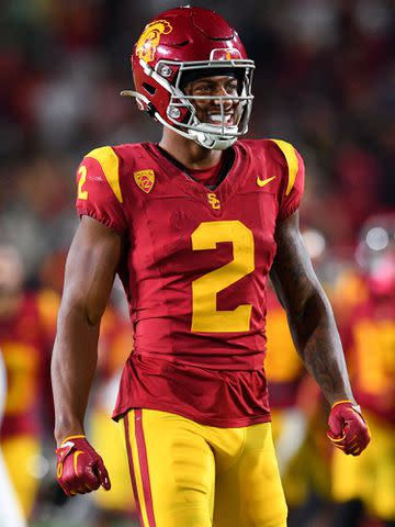 <p>Brian Rothmuller/Icon Sportswire/Getty</p> Jerry Rice's son Brenden Rice celebrates during a game between the Utah Utes and the USC Trojans on Oct. 21, 2023 at Los Angeles Memorial Coliseum