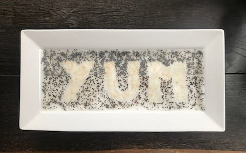 ceramic nibbles plate (£3 from Asda) to grow a design that spells the word “YUM” in neon pink amaranth - Credit: Jack Wallington