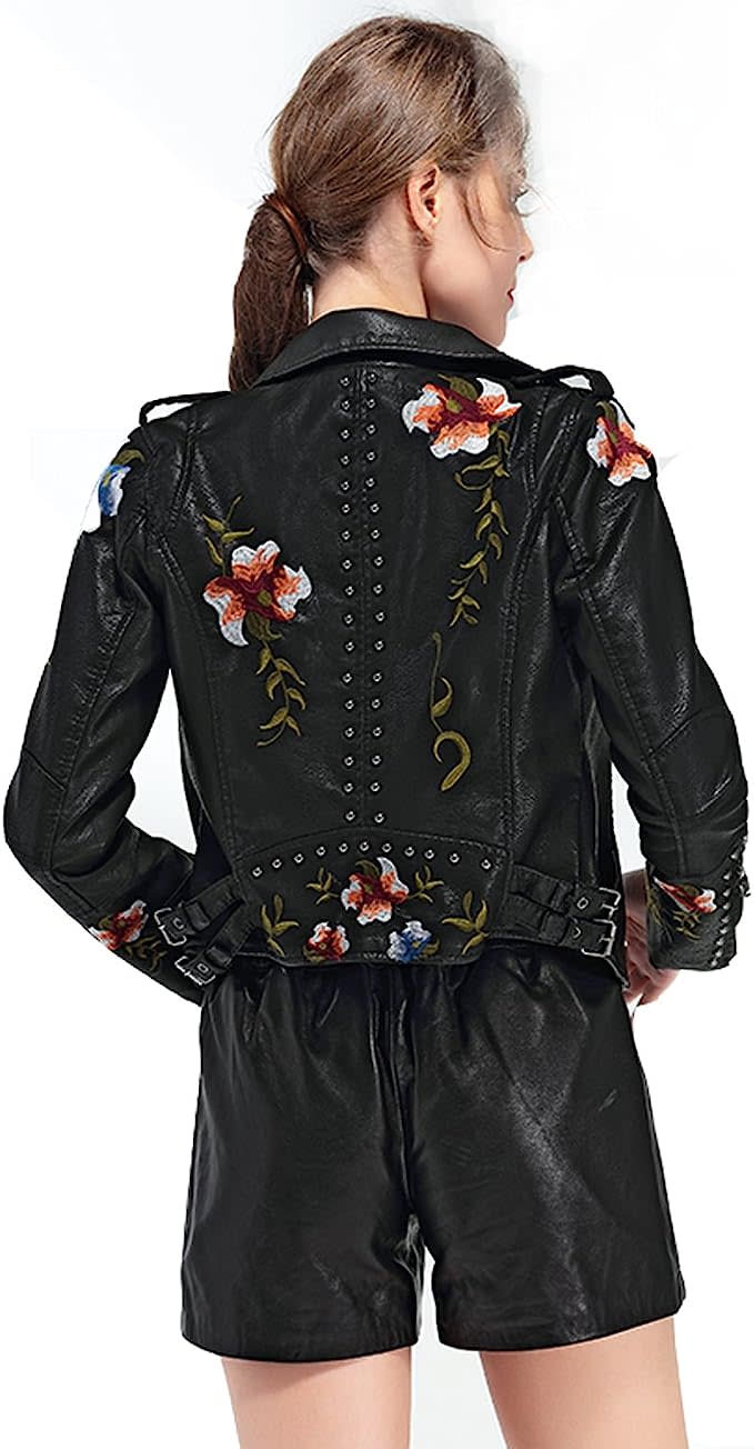 LY VAREY LIN Women's Floral Embroidered Faux Leather Moto PU Jacket Coat. (Photo by Amazon)