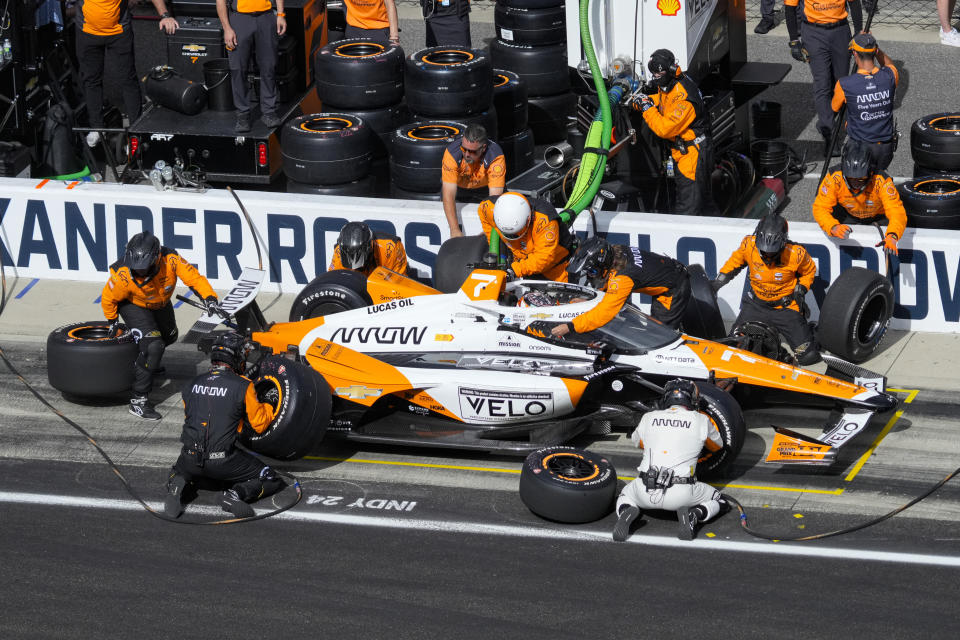 Alexander Rossi pits during the Indianapolis 500 auto race at Indianapolis Motor Speedway in Indianapolis, Sunday, May 26, 2024. (AP Photo/AJ Mast)