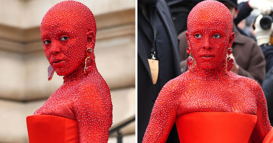 Two photos of Doja Cat covered in red body paint and crystals at Paris Fashion Week