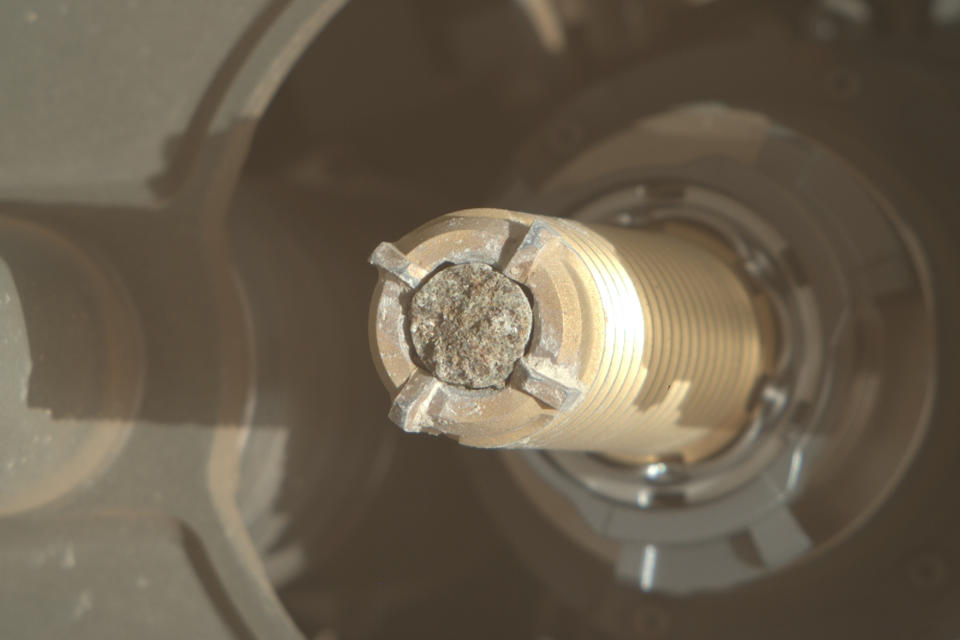 This photo provided by NASA shows a coring bit used by the Mars Perseverance rover to collect a sample on Oct. 14, 2023. NASA has put the effort to bring the samples to Earth on hold until there is a faster, cheaper way. (NASA/JPL-Caltech/ASU via AP)