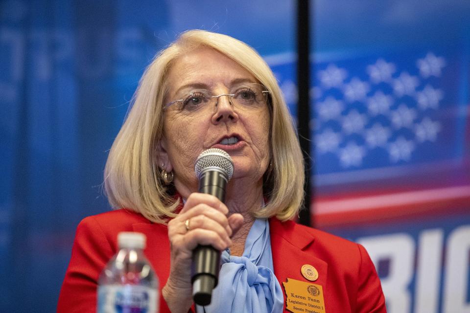 Senate President Karen Fann speaks during a breakout session focusing on Arizona elections during the second day of AmericaFest 2021 hosted by Turning Point USA on Sunday, Dec. 19, 2021, in Phoenix.