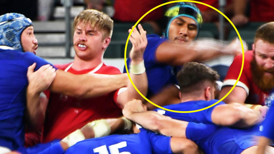 Sebastien Vahaamahina, pictured here elbowing Aaron Wainwright at the Rugby World Cup.