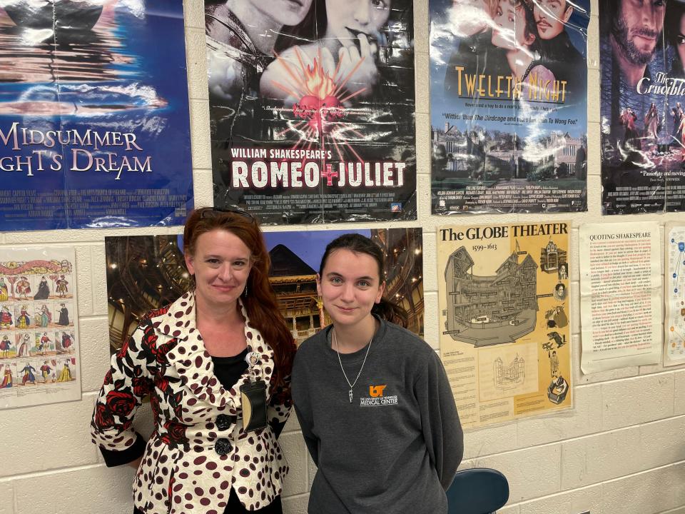 For the second time in Jennifer Doubleday's 18-year teaching career, a student (Shelby Whitehead, right) wrote the school play.