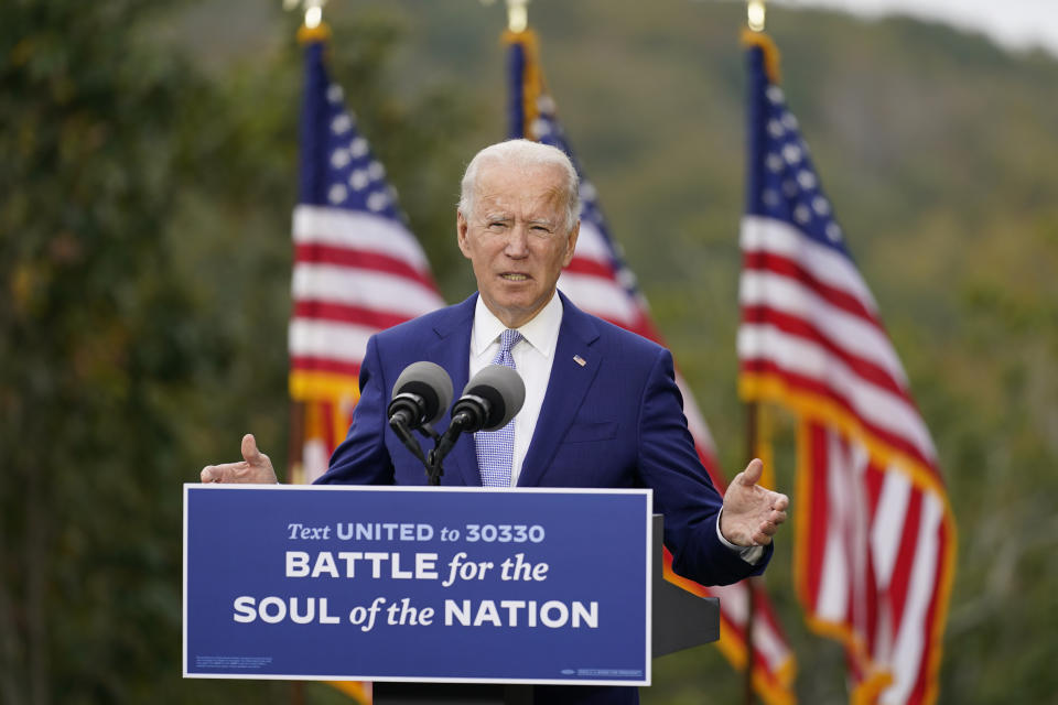 Democratic presidential candidate former Vice President Joe Biden speaks at Mountain Top Inn & Resort, Tuesday, Oct. 27, 2020, in Warm Springs, Ga. (AP Photo/Andrew Harnik)