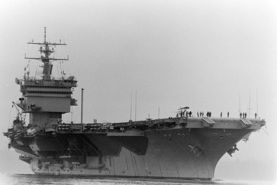 The USS Enterprise, the Navy's first nuclear-powered aircraft carrier, sails into Bremerton on Feb. 2, 1982.