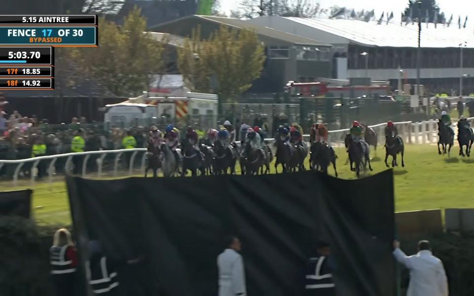 Course officials screened off the area where Hill Sixteen had fallen at the first fence in the Grand National - Grand National protesters blamed for death of Hill Sixteen by horse’s trainer