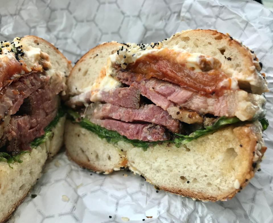 Allie Boy's Bagelry in Walker's Point always has a smoked pastrami sandwich on the menu. The current version matches it with roasted tomato, horseradish cream, arugula and roasted-bone-marrow vinaigrette.