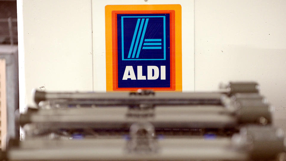 Pictured is Aldi's logo, the supermarket is yet to relax buying limits on toilet paper.