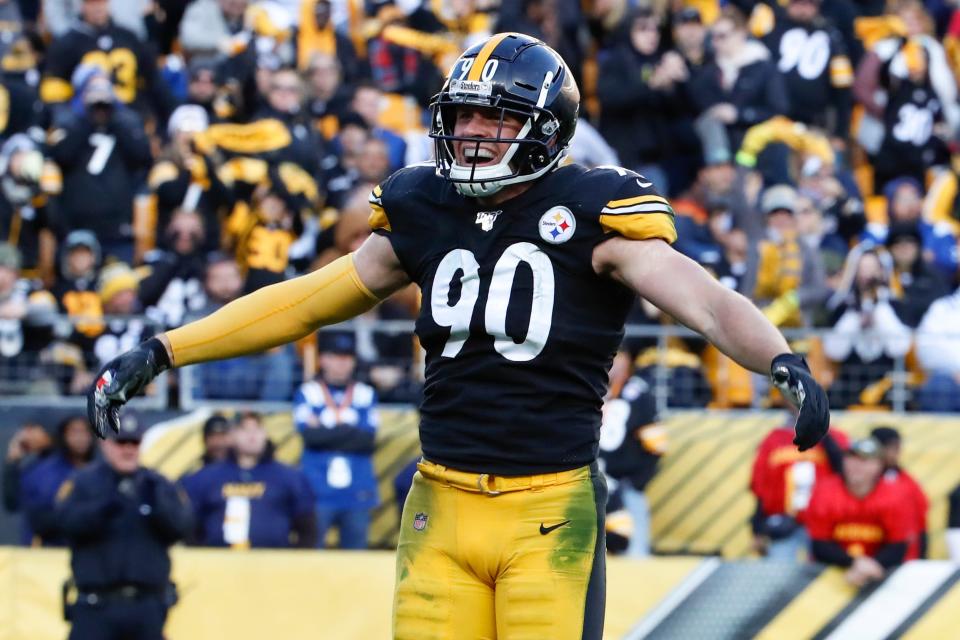 Pittsburgh Steelers outside linebacker T.J. Watt (90)m celebrates a defensive play against the Indianapolis Colts in the second half of an NFL football game, Sunday, Nov. 3, 2019, in Pittsburgh.