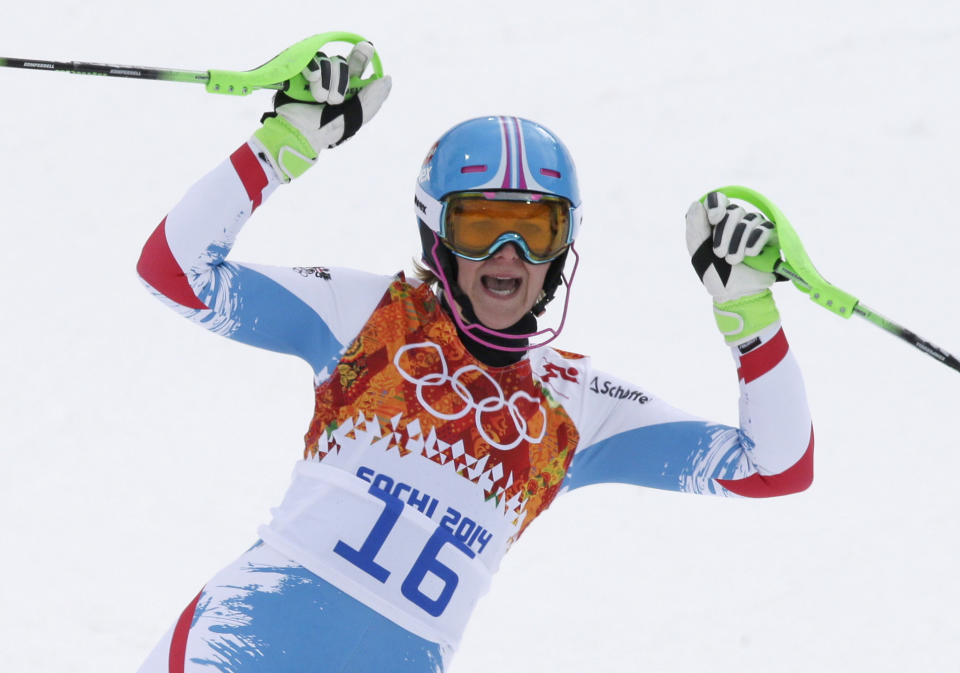 Austria's Nicole Hosp reacts after finishing the slalom portion of the women's supercombined at the Sochi 2014 Winter Olympics, Monday, Feb. 10, 2014, in Krasnaya Polyana, Russia. (AP Photo/Gero Breloer)