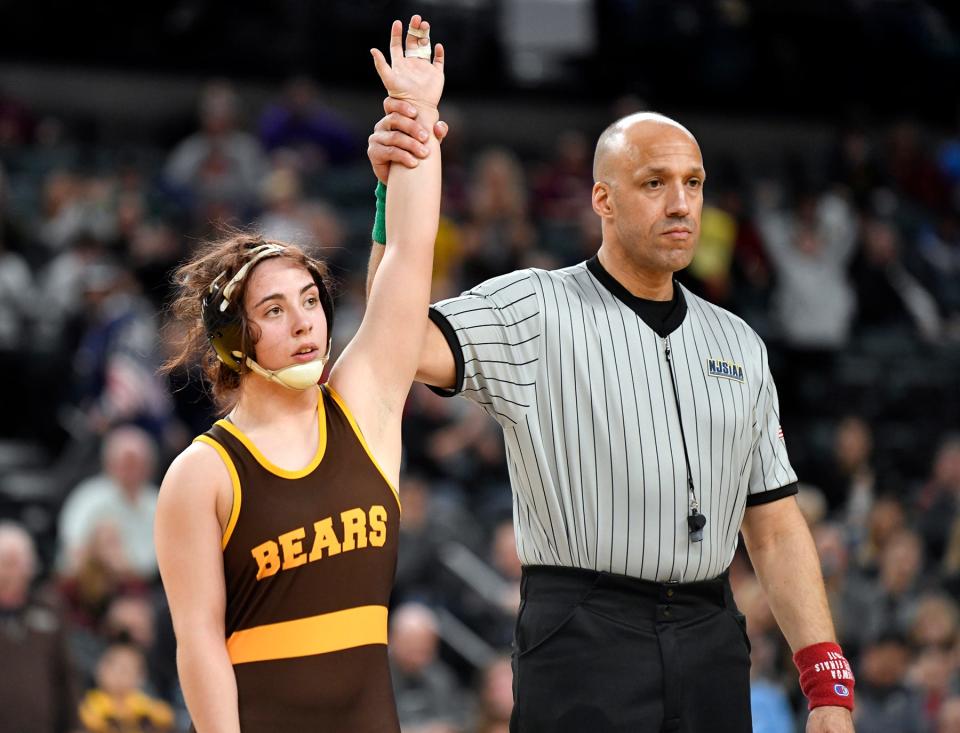 Emma Matera of Delran defeats Gabby Miller of Monroe Township in the 135-pound final of the NJSIAA State Wrestling Championships at Boardwalk Hall in Atlantic City on Saturday, March 7, 2020.