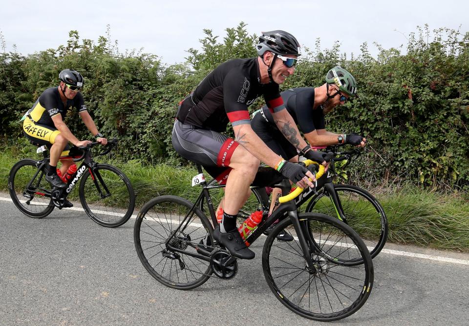 Former Welsh rugby International captain Gareth Thomas competes during Ironman Wales on September 15 (Getty Images for IRONMAN)