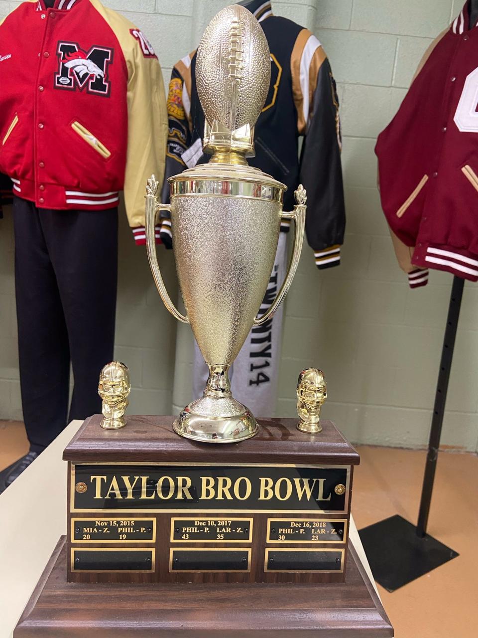 Bro Bowl trophy that Sherwood Taylor has made to commemorate games in which sons Zac and Press coached against each other. Press, the Jaguars’ offensive coordinator, holds a 2-1-1 edge. [Provided by Taylor family]