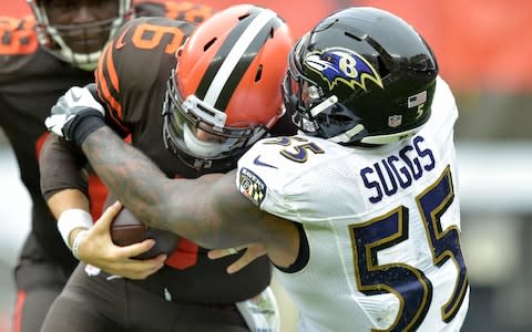 Baltimore Ravens linebacker Terrell Suggs (55) sacks Cleveland Browns quarterback Baker Mayfield (6) during the second half of an NFL football game - Credit: AP