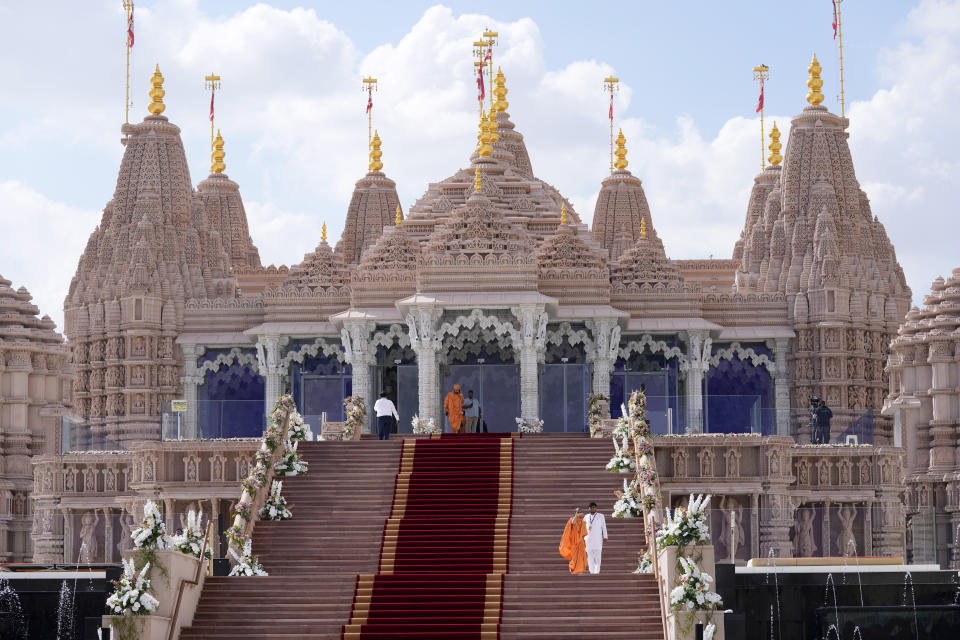 The first stone-built Hindu temple in the Middle East, belonging to Bochasanwasi Akshar Purushottam Swaminarayan Sanstha is seen before its opening ceremony in Abu Mureikha, 40 kilometers (25 miles) northeast of Abu Dhabi, United Arab Emirates, Wednesday, Feb. 14, 2024. (AP Photo/Kamran Jebreili)