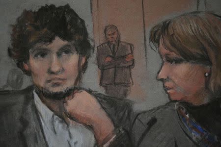 A courtroom sketch shows accused Boston Marathon bomber Dzhokhar Tsarnaev (L) in court on the second day of his trial at the federal courthouse in Boston, Massachusetts March 5, 2015. REUTERS/Jane Flavell Collins