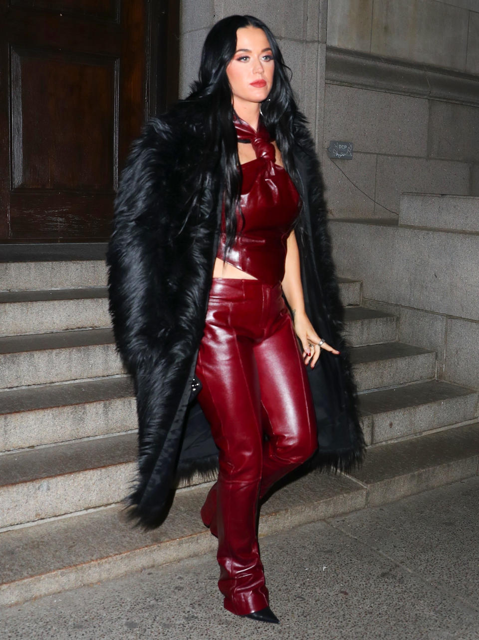 <p>Dressed in red leather, Katy Perry goes shopping at Dover Street Market in N.Y.C. on Jan. 27.</p>