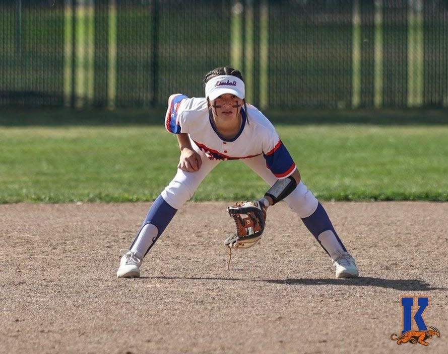 Sophia Coronado of Kimball softball crouches down to prepare for a ball to hit to her during of the team's game in the 2022-23 season.