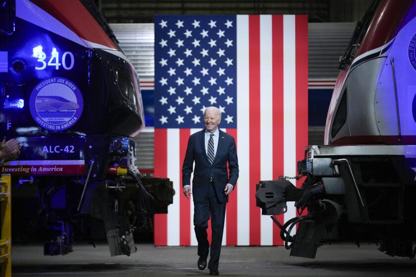 President Joe Biden arrives to speak at the Amtrak Bear Maintenance Facility, Monday, Nov. 6, 2023, in Bear, Del. (AP Photo/Andrew Harnik)