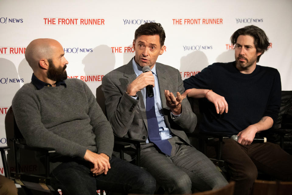 Writer Jay Carson, actor Hugh Jackman and director Jason Reitman discuss “The Front Runner” at the Metrograph in New York City on Nov. 13. (Photo: Chris Farber Productions)