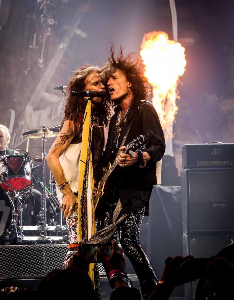 Steven Tyler (left) and Joe Perry of Aerosmith blaze the Dolby Live stage at Park MGM in Las Vegas. The band's Deuces are Wild residency resumes in June 2022.