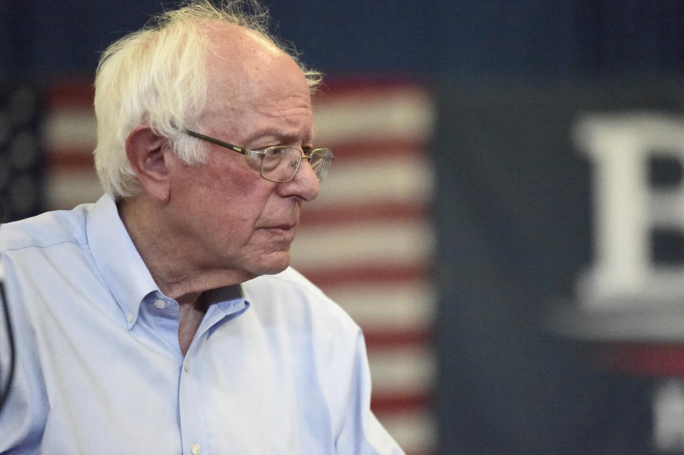 Democratic presidential hopeful Bernie Sanders looks on as panel members discuss his criminal justice reform plan during a town hall meeting on Sunday, Aug. 18, 2019, in Columbia, S.C. (AP Photo/Meg Kinnard)