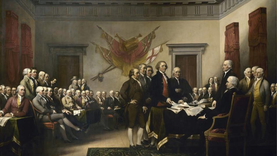 Pintura de líderes presentando la Declaración de Independencia que muestra a Thomas Jefferson, John Adams, Roger Sherman, Robert Livingston y Benjamin Franklin.