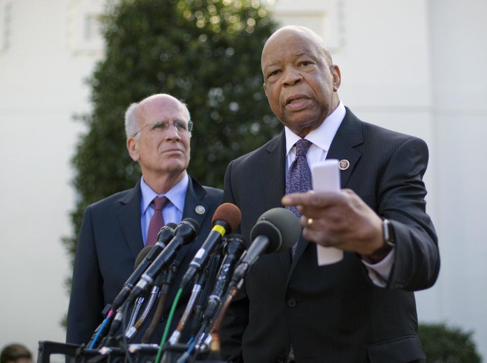 Rep. Elijah Cummings, D-Md., accompanied by Rep. Peter Welch, D-Vt., speaks to members of the media outside the West Wing of the White House in Washington, Wednesday, March 8, 2107, following their meeting with President Donald Trump. (AP Photo/Pablo Martinez Monsivais)