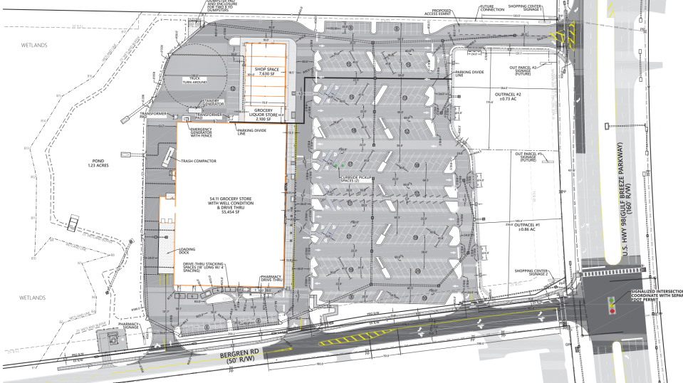A site plan for a planned shopping center at U.S. Highway 98 and Bergren Road in Navarre that be anchored by a new Publix grocery store.