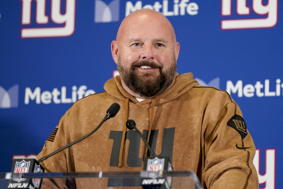 New York Giants head coach Brian Daboll answers questions during a news conference after an NFL football game against the New England Patriots, Sunday, Nov. 26, 2023, in East Rutherford, N.J. (AP Photo/Seth Wenig)