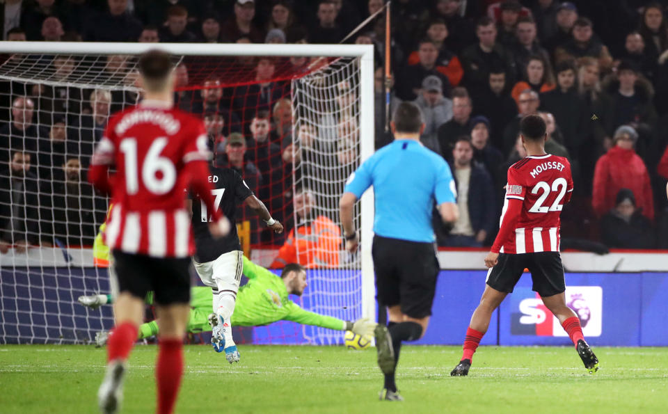 Sheffield United's Lys Mousset (right) scores his side's second goal of the game during the Premier League match at Bramall Lane, Sheffield. (Photo by Danny Lawson/PA Images via Getty Images)