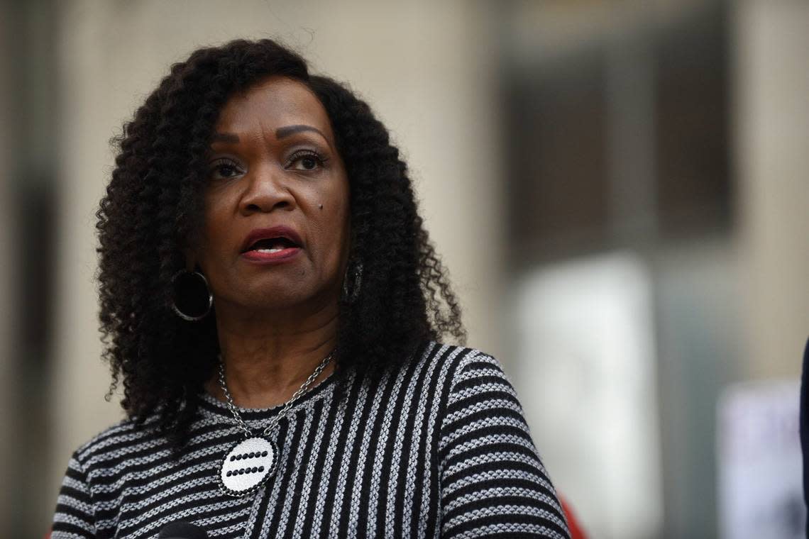 Gwen Grant, president and CEO of the Kansas City Urban League, speaks outside the Jackson County Courthouse on Monday, Nov. 8, 2021, during the trial of Eric DeValkenaere, who is charged with first-degree involuntary manslaughter and armed criminal action in the killing of Lamb, 26, on Dec. 3, 2019.