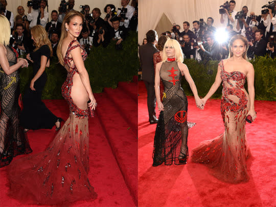 Jennifer Lopez with Donatella Versace, both in Versace.